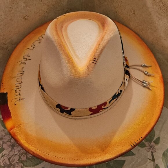 Christine 505 Designs Accessories - Custom Fedora Hat Beige with Burned designs  Adjustable New